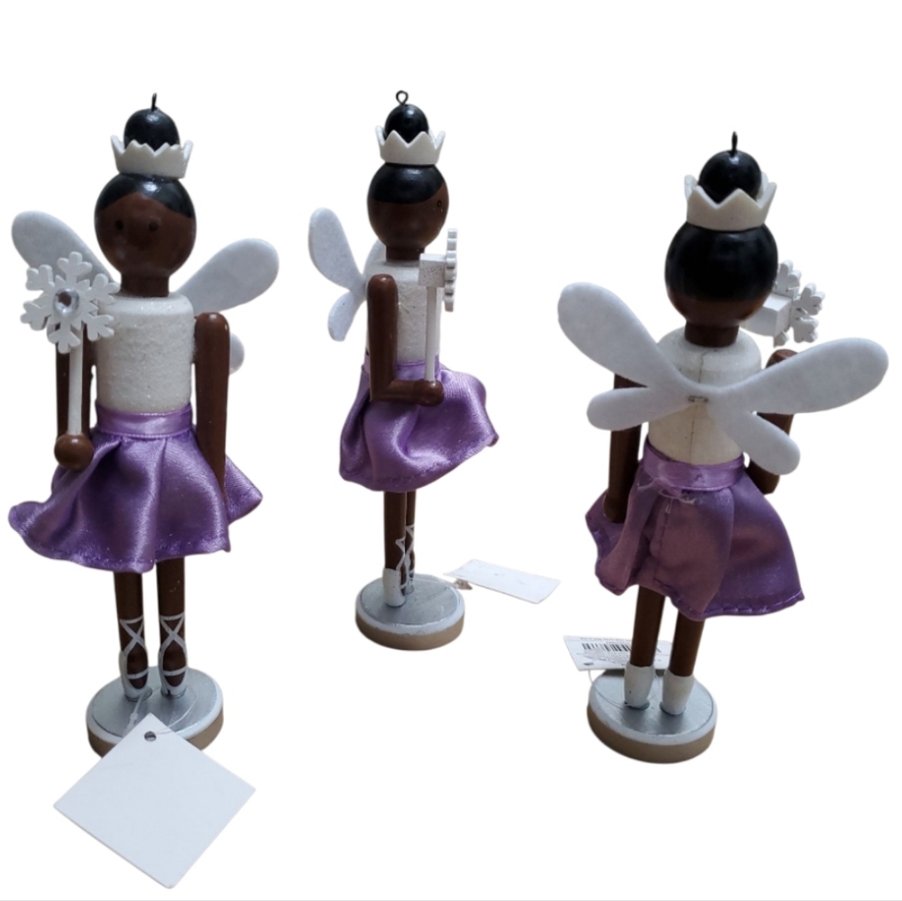 Christmas Tree Orniments Sparkling Set Of 3 Wooden Fairy Princess Figurines - Picture 5 of 12